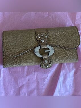 GUESS Tan Pebbled Leather Clutch with Silver-Tone Lock